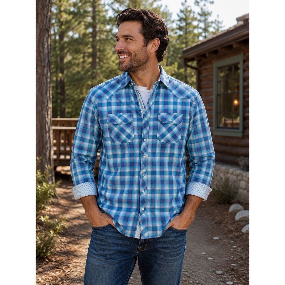 Buckle Black Plaid Shirt Mens Medium Blue Teal Pearl Snap Western Fit